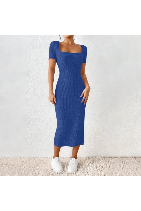 Women's Casual Short Sleeve Midi Bodycon Dress Square Neck Ribbed Knit High Slit Form Fitting Sheath Dress Stretchy Breathable Party Club Night Out Daily Fashion Dress