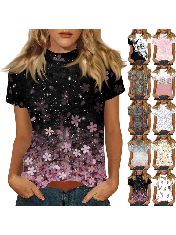 Women's Casual Short Sleeve Mock Neck Tee Floral Glitter Gradient Print Soft Lightweight Summer Top Gold L