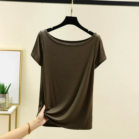 Women's Casual Short Sleeve Off-The-Shoulder Blouse Solid Color Round Neck T-Shirt