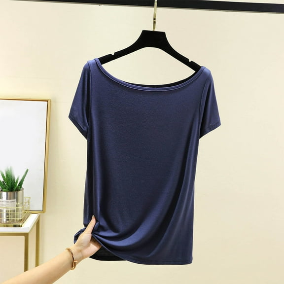 Women's Casual Short Sleeve Off-The-Shoulder Blouse Solid Color Round Neck T-Shirt
