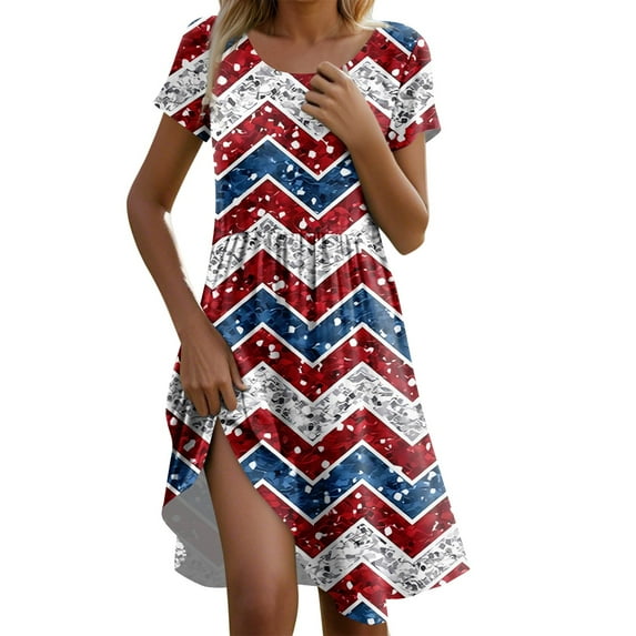 Women's Casual Short Sleeve Patriotic Dress, Round Neck American Flag Stars & Stripes Print Summer Midi Dress for 4th of July ,Blue L