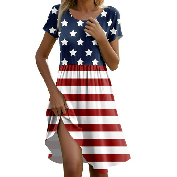 Women's Casual Short Sleeve Patriotic Dress, Round Neck American Flag Stars & Stripes Print Summer Midi Dress for 4th of July ,Cyan L