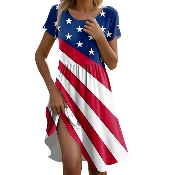 Women's Casual Short Sleeve Patriotic Dress, Round Neck American Flag Stars & Stripes Print Summer Midi Dress for 4th of July ,Green S