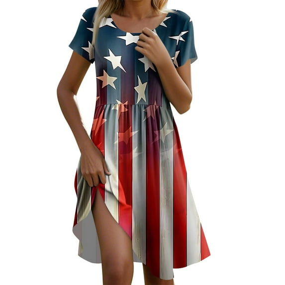 Women's Casual Short Sleeve Patriotic Dress, Round Neck American Flag Stars & Stripes Print Summer Midi Dress for 4th of July ,Navy L