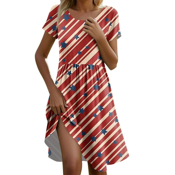Women's Casual Short Sleeve Patriotic Dress, Round Neck American Flag Stars & Stripes Print Summer Midi Dress for 4th of July ,Sky Blue L