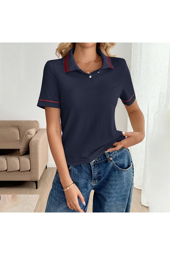 Women's Casual Short Sleeve Polo Shirt Button Collared Knitted Summer Tops
