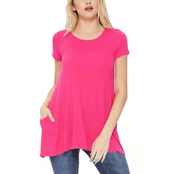 Women's Casual Short Sleeve Relaxed Fit Round Neck Side Pockets Tunic Top