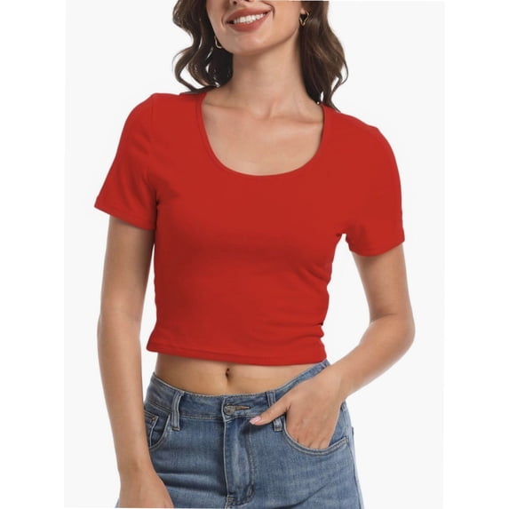 Women's Casual Short Sleeve Scoop Neck Fitted Workout Basic Crop Top Teen T-shirts