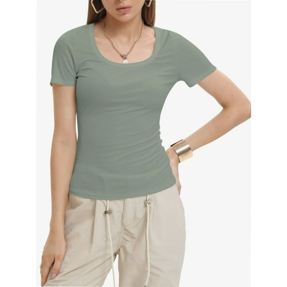 Women's Casual Short Sleeve Scoop Neck Summer Tops Ribbed Knit Slim Fit Tee Shirts