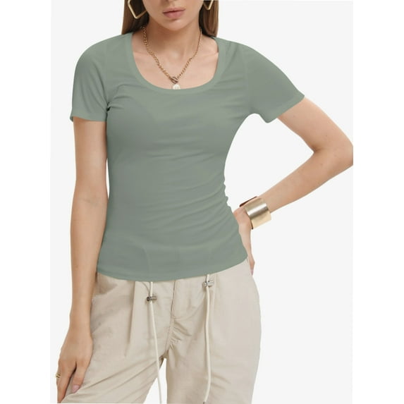 Women's Casual Short Sleeve Scoop Neck Summer Tops Ribbed Knit Slim Fit Tee Shirts