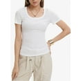 thumbnail image 1 of Women's Casual Short Sleeve Scoop Neck Summer Tops Ribbed Knit Slim Fit Tee Shirts, 1 of 4