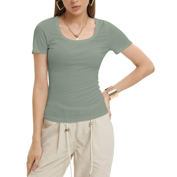 Women's Casual Short Sleeve Scoop Neck Summer Tops Ribbed Knit Slim Fit Tee Shirts