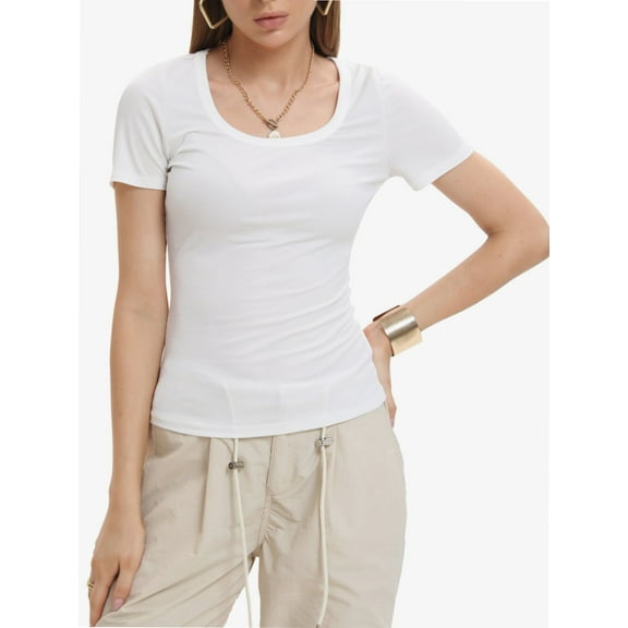 Women's Casual Short Sleeve Scoop Neck Summer Tops Ribbed Knit Slim Fit Tee Shirts