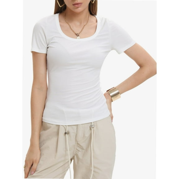 Women's Slim Fit Ribbed Knit Tee - Short Sleeve Scoop Neck Casual Summer T-Shirt