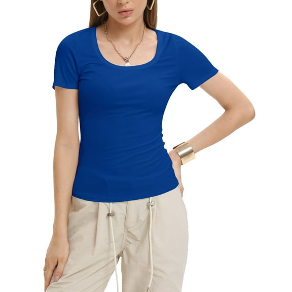 Women's Casual Short Sleeve Scoop Neck Summer Tops Ribbed Knit Slim Fit Tee Shirts