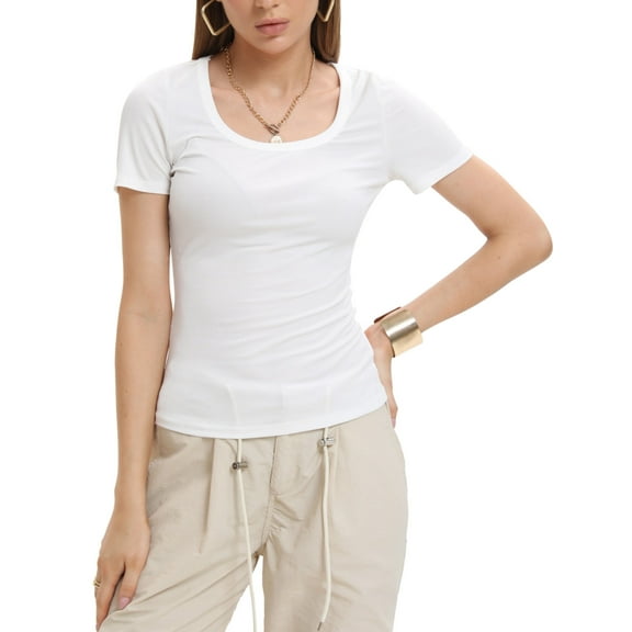 Women's Casual Short Sleeve Scoop Neck Summer Tops Ribbed Knit Slim Fit Tee Shirts
