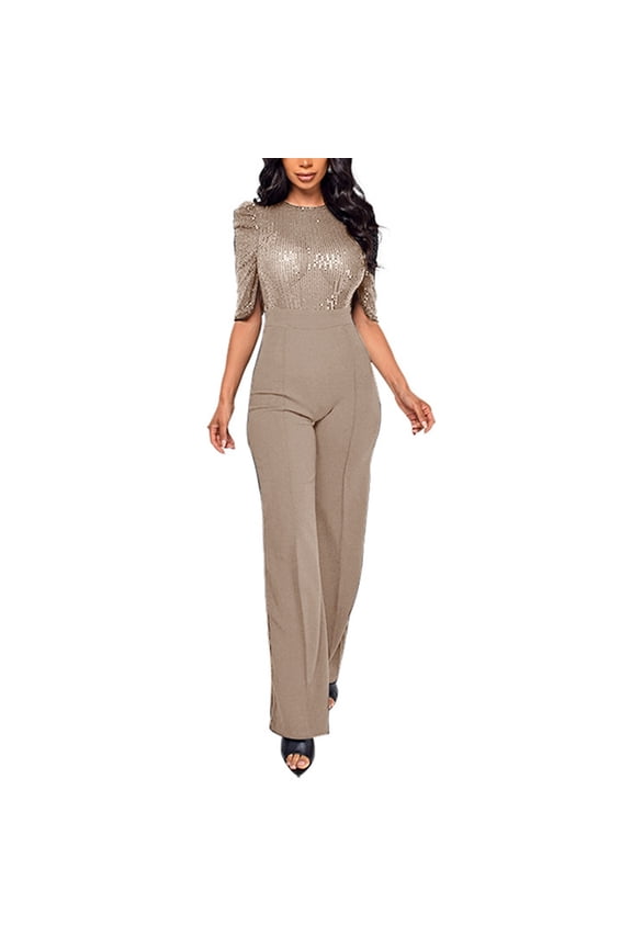 Women's Casual Short Sleeve Sequin-Splitting Romper Jumpsuit with Long Straight Pants, Soft & Elastic Fabric, V-Neck, Flower Patterns, Loose Fit, Ideal for Various Occasions