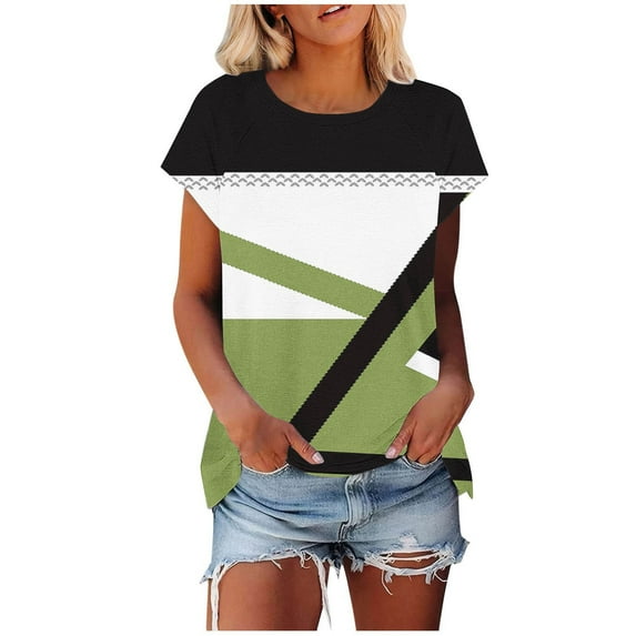 ZQUUVOU Women's Casual Short Sleeve Shirt Print Color Round Neck Blouse Green