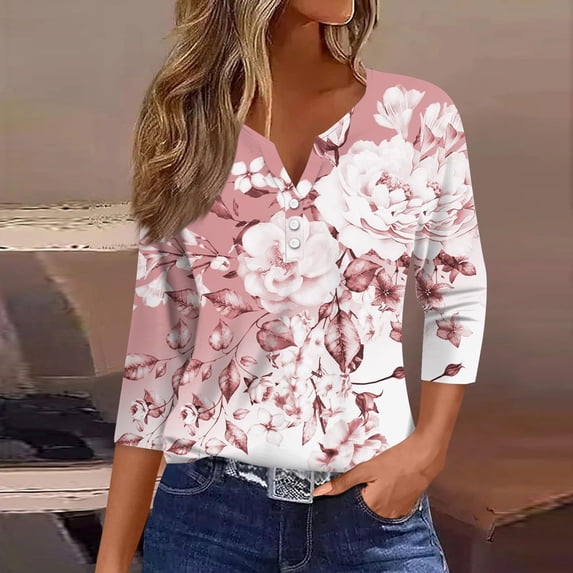 Women's Casual Short Sleeve Shirts 3/4 Sleeve Y2K Fashion Gradient Print Tee Summer Loose Top