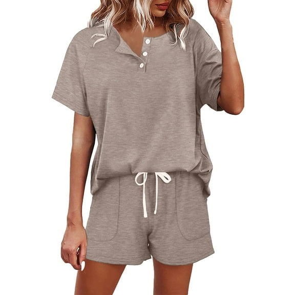Women's Casual Short Sleeve Shorts Set Solid Color Sportswear with Button Front and Adjustable Drawstring Tie Waist
