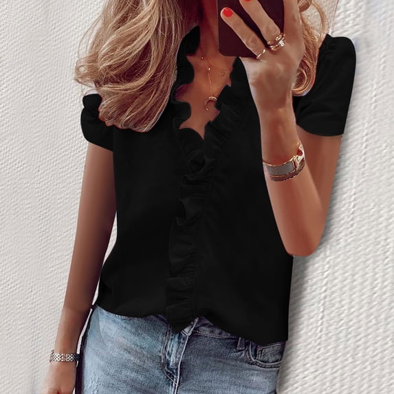Women's Casual Short Sleeve Solid Color T-Shirt Top with V-Neck, Soft Comfortable Stretch Fabric for Daily Wear