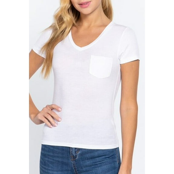 Women's Casual Short Sleeve Solid V-Neck W/Pocket Rib Top