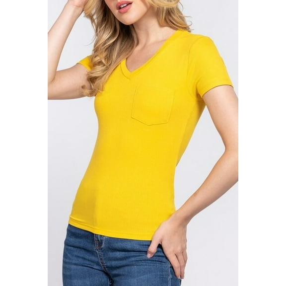 Women's Casual Short Sleeve Solid V-Neck W/Pocket Rib Top