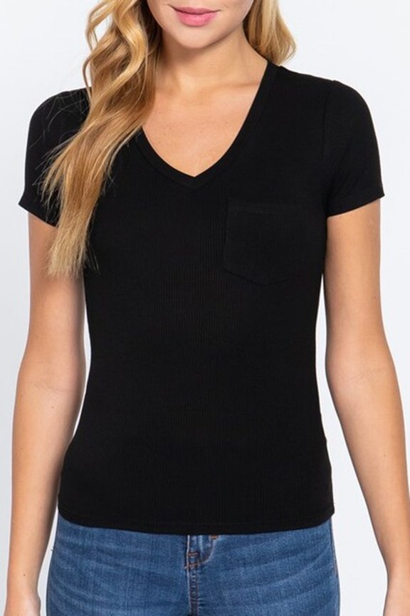 Women's Casual Short Sleeve Solid V-Neck W/Pocket Rib Top