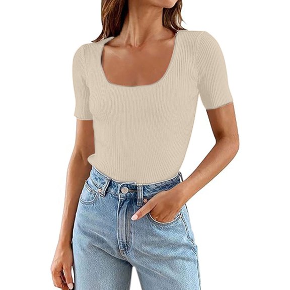 Women's Casual Short Sleeve Square Neck T-Shirts Slim Fit Ribbed Knit for Summer 2024