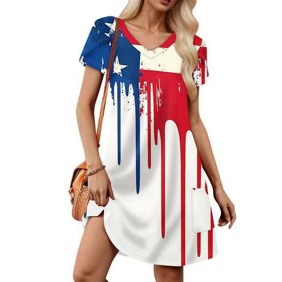 Women's Casual Short Sleeve Star Print Dress, V-Neck Loose Summer T-Shirt Dress with Pockets, Red, Size S-XXL