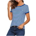 thumbnail image 1 of Women's Casual Short Sleeve Striped Shirt Loose Fit Crew Neck T Shirt Basic Pullover Tops for Summer Blue, 1 of 6