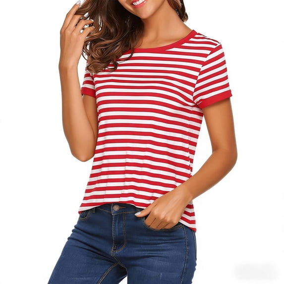 Women's Casual Short Sleeve Striped Shirt Loose Fit Crew Neck T Shirt Basic Pullover Tops for Summer Red