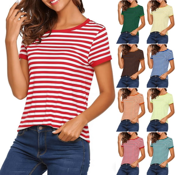 Women's Casual Short Sleeve Striped Shirt Loose Fit Crew Neck T Shirt Basic Pullover Tops for Summer Yellow