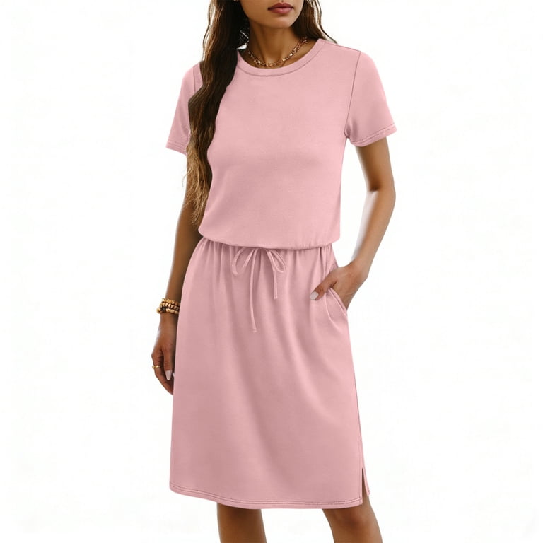 womens jersey dress with pockets Women's Casual Short Sleeve T Shirt Drawstring Elastic Waist Knee Length Crew Neck Straight Fit Dress Lightweight Athletic Sporty Sun Dress category:bottoms