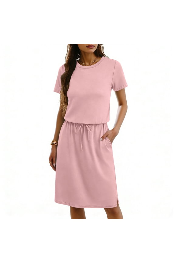 Women's Casual Short Sleeve T Shirt Dress Drawstring Elastic Waist Knee Length Crew Neck Straight Fit Jersey Dress with Pockets Lightweight Athletic Sporty Sun Dress