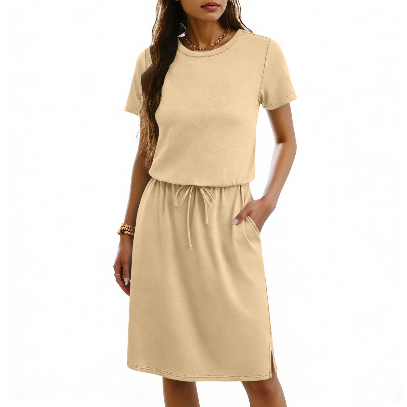 plain sports jersey dress Women's Casual Short Sleeve T Shirt Drawstring Elastic Waist Knee Length Crew Neck Straight Fit Dress with Pockets Lightweight Athletic Sporty Sun Dress modcloth uniqueness on offer shirt dress