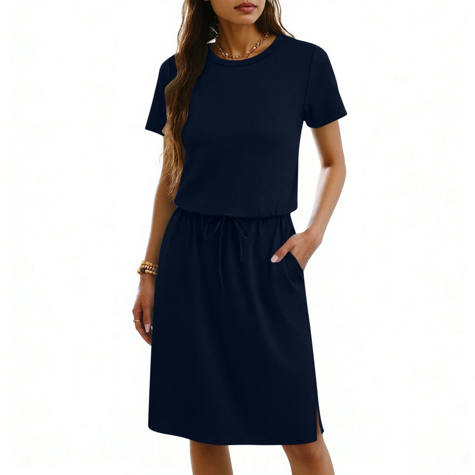 drawstring jersey dress Short Sleeve Drawstring Waist Jersey Dress Navy / 2XL