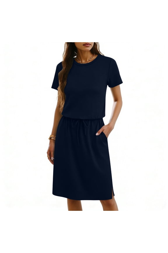 Women's Casual Short Sleeve T Shirt Dress Drawstring Elastic Waist Knee Length Crew Neck Straight Fit Jersey Dress with Pockets Lightweight Athletic Sporty Sun Dress