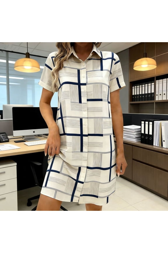 Women's Casual Short Sleeve T-Shirt Dress Grid Plaid Pattern Button Down Collar Shirt Dress Shift Silhouette Knee Length Breathable Lightweight Apparel for Office Daily Wear