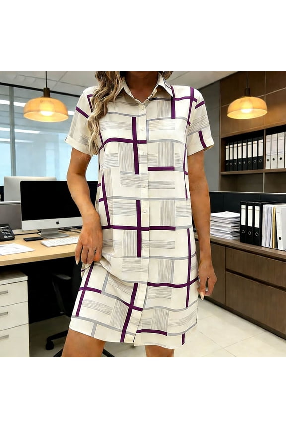 Women's Casual Short Sleeve T-Shirt Dress Grid Plaid Pattern Button Down Collar Shirt Dress Shift Silhouette Knee Length Breathable Lightweight Apparel for Office Daily Wear