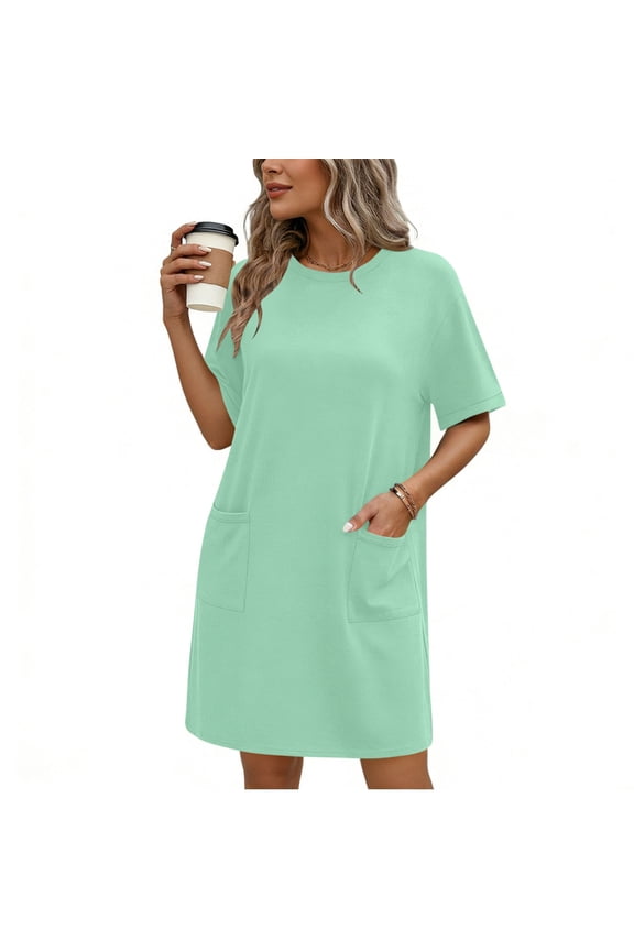 Women's Casual Short Sleeve T Shirt Dress Knee Length Crew Neck Loose Fit Tunic Dress Functional Side Pockets Elegant Minimalist Loungewear Vacation Summer Shift Dress
