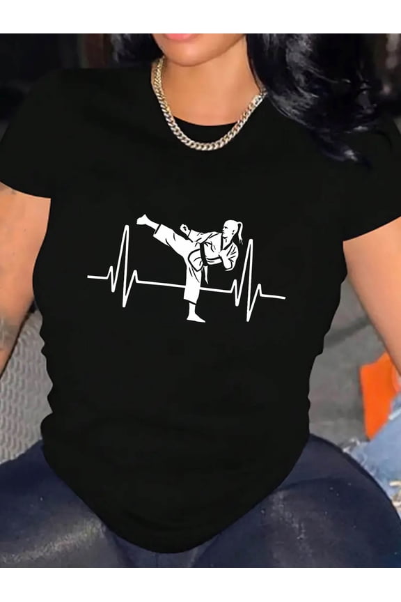 Women's Casual Short Sleeve T-Shirt with ECG & Taekwondo Graphic Print - Breathable Round Neck Tee for Summer, Gym, and Casual Attire - Machine Washable, Sports Themed Apparel, Comfortable Fit Tee