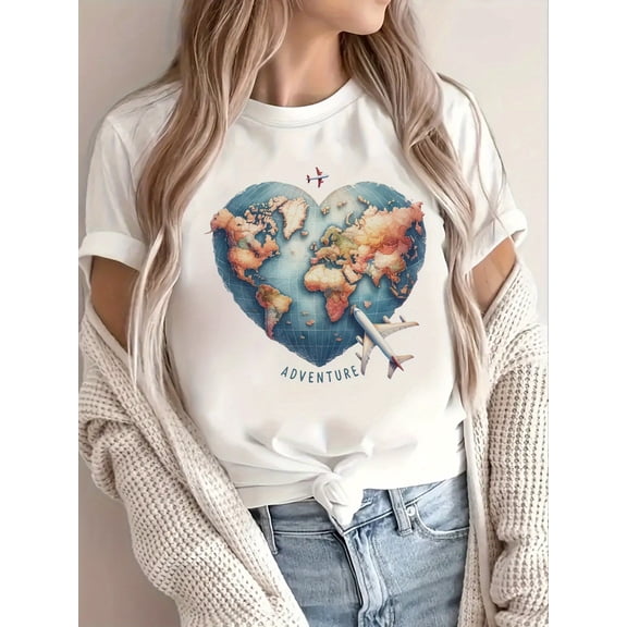 Women's Casual Short Sleeve T-Shirt - Heart-Shaped World Map & Airplane Graphic Print, White Round Neck Top for Travel Enthusiasts, Machine Washable Adventure-Themed Apparel