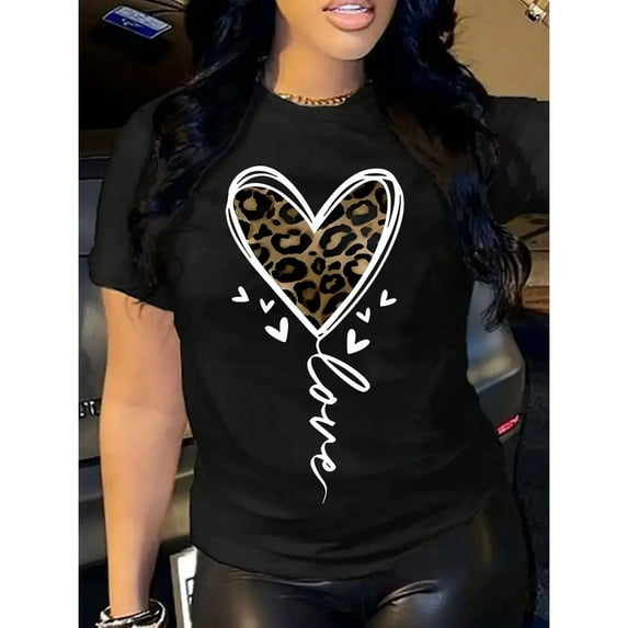 Women's Casual Short Sleeve T-Shirt - Leopard Print & Love Script Graphic Design, 100% cotton