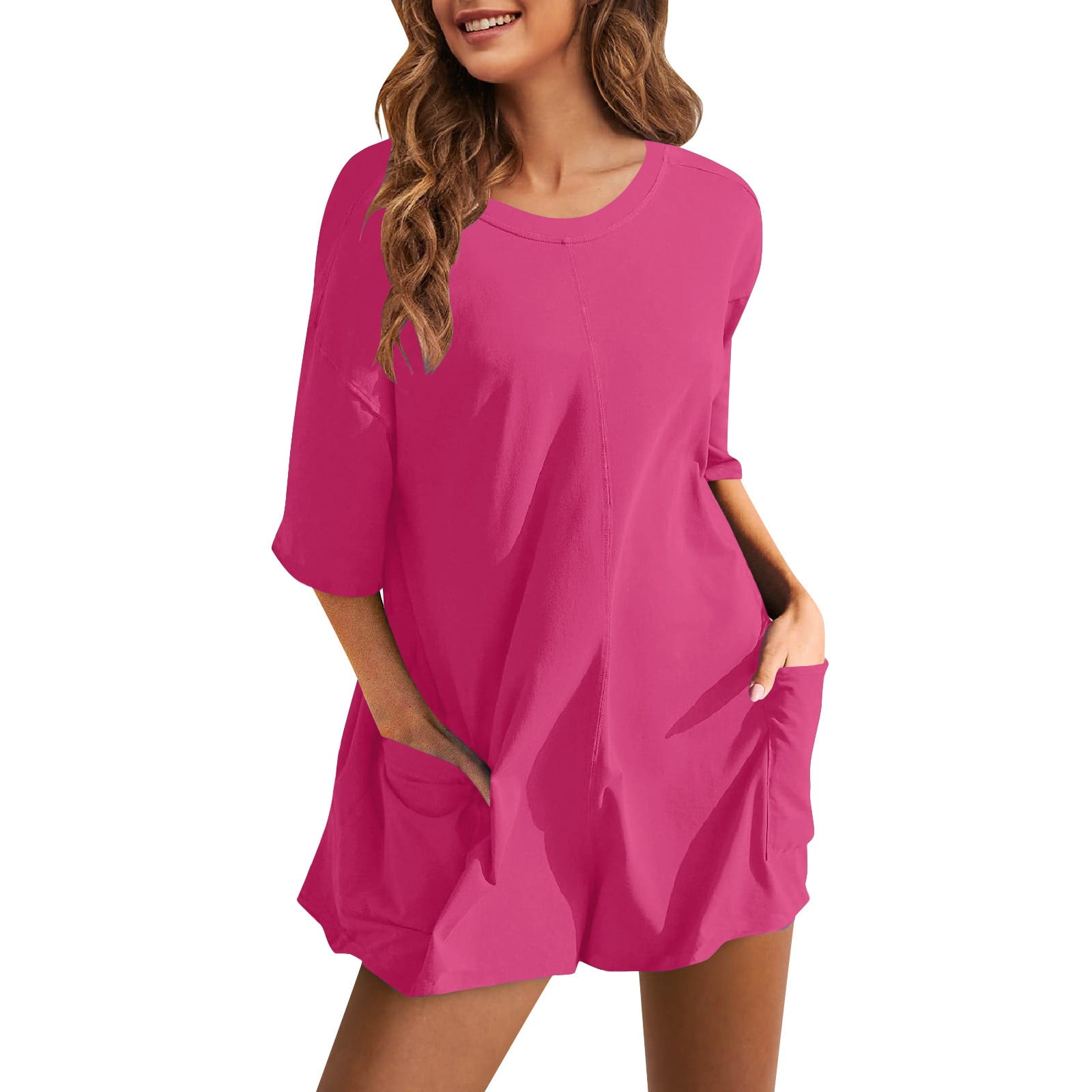 Women s Casual Short Sleeve T Shirt Mini Dresses Summer Crewneck Drop Shoulder Oversized Tee Short Dress with Pocket S XL