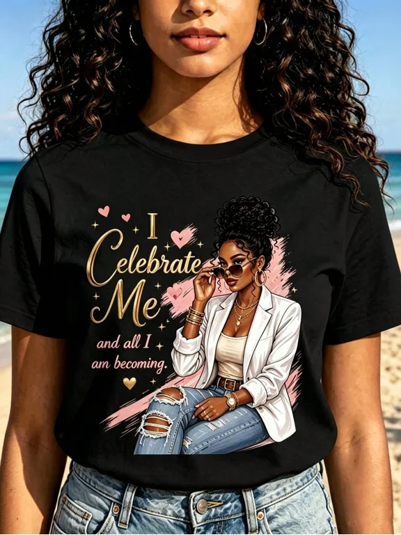 Women's Casual Short-Sleeve T-Shirt, Printed With The Phrase 'I Celebrate Myself', Round Neck With A Regular Fit, Fashionable And Cute Style.