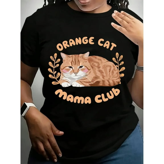 Women's Casual Short Sleeve T-Shirt - Vibrant Green With Orange Cat & Mama Club Graphic Print, Round Neck Summer Top, Machine Washable Regular Fit Tee For Cat Lovers, Cat Tshirt, Playful Print