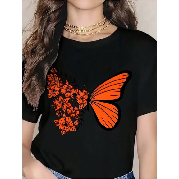 Women's Casual Short Sleeve T-Shirt White Orange Butterfly Floral Print Summer Top For Everyday Wear And Outings