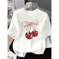 thumbnail image 1 of Women's Casual Short Sleeve T-Shirt - White Round Neck Cherry Print with Pink Bow Design,  , Machine Washable, Spring Summer Fall Essential,Feminine Style, Comfortable Fit,  Adults, 1 of 5