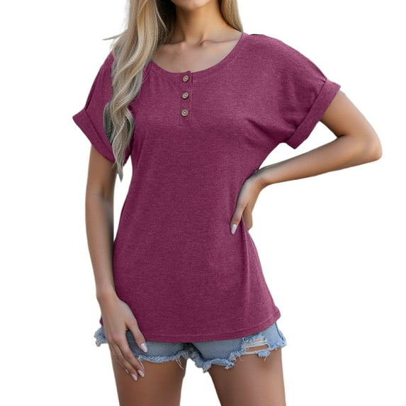 Women's Casual Short Sleeve T-Shirts Summer Trendy Button Henley Neck Pullover Tops Flowy Relaxed Fit Workout Blouses